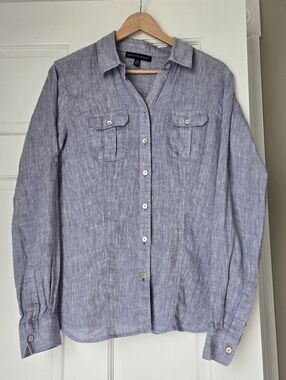 SAKS FIFTH AVENUE 100% Linen Natural Light Blue Classic Button Down Shirt Top